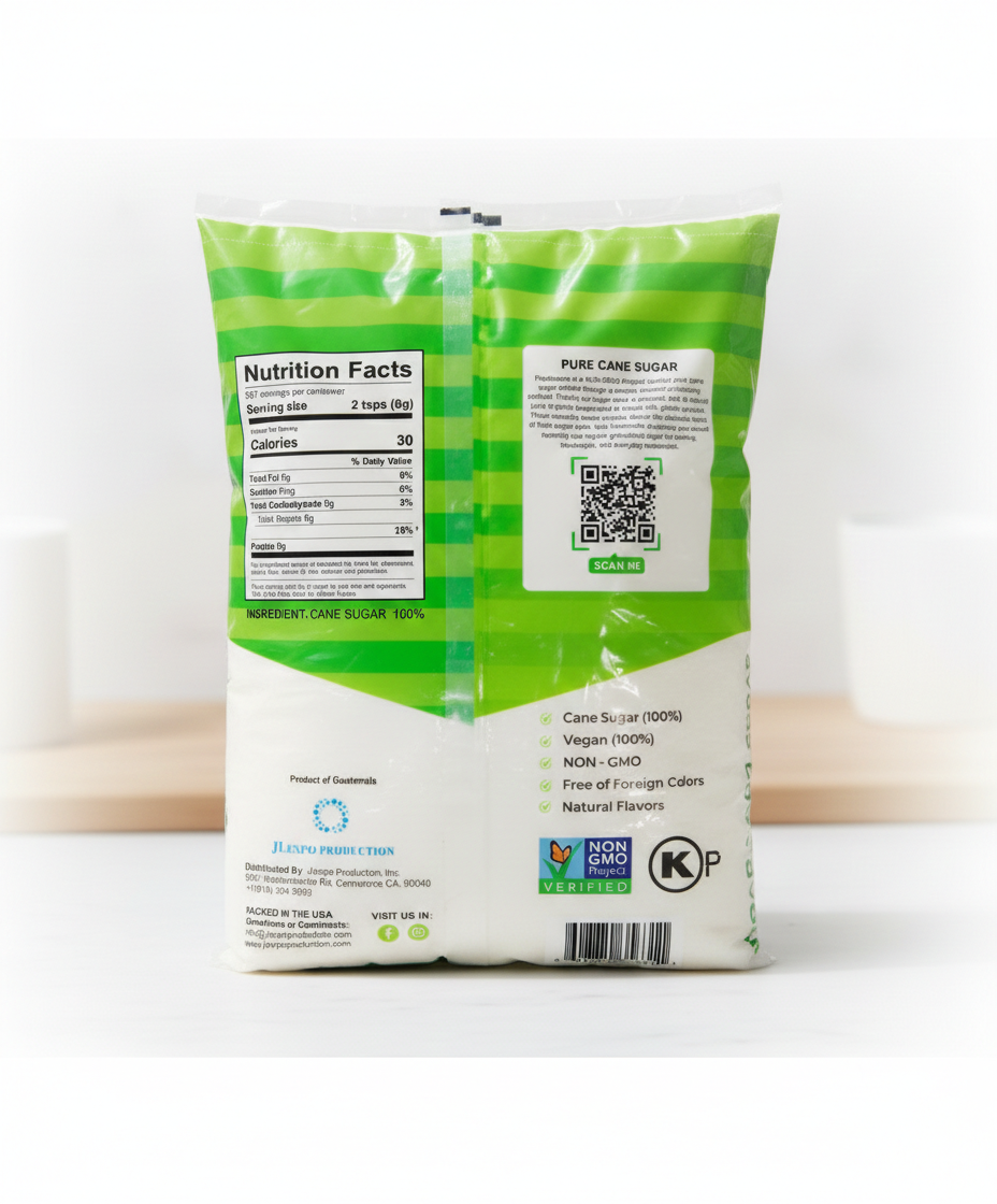 Back panel of a Freshcane bag showing nutrition facts and certifications